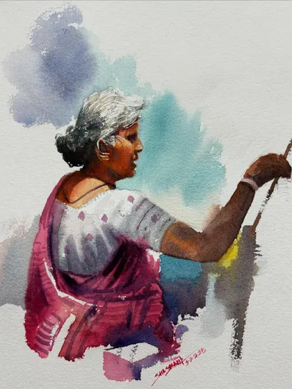 Another view of the watercolor figure study of an elderly woman, showing the process of layering washes.
