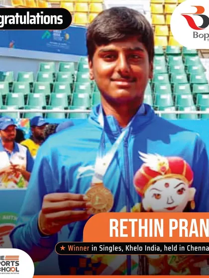 A huge congratulations to Rethin Pranav for winning the singles title at the Khelo India games in Chennai. A proud moment for him and the academy.