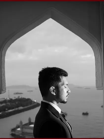 A contemplative black and white portrait of the groom looking out over the Mumbai sea from the Taj Hotel. A moment of quiet before the storm of celebration.