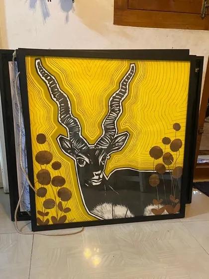 This sold piece from Puja Kumari's exhibition features a blackbuck, another example of her focus on wildlife. Her unique medium and powerful subjects have resonated deeply with our clients.