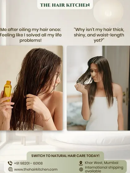 A relatable meme about the expectation versus reality of oiling your hair. While one session feels great, consistency with natural products is what truly leads to thick, shiny, and healthy hair.