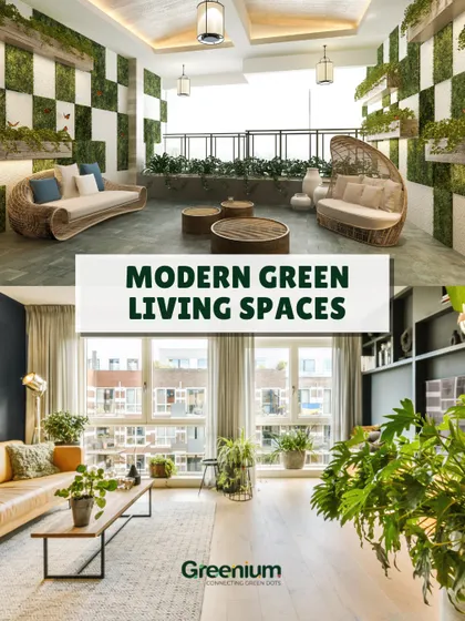 Transform your space into a modern green oasis. This collage shows two examples of modern green living spaces, one on a terrace with checkered green walls and another in a living room filled with plants.