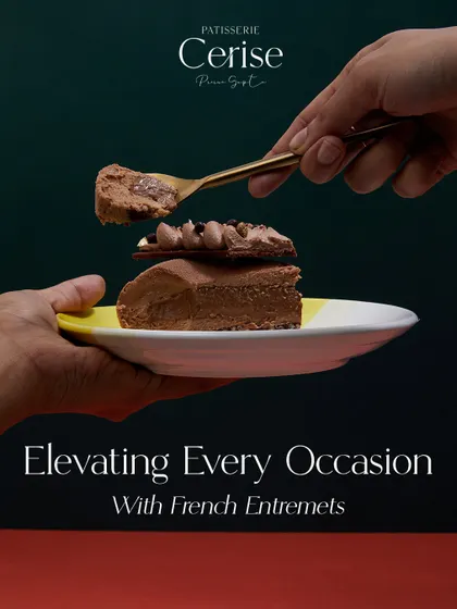 Every occasion deserves a taste of perfection. This deconstructed image of a chocolate entremet slice shows how I elevate every moment with French culinary artistry.