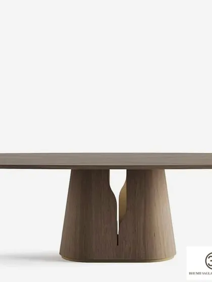 This bold dining table design features a solid base with a unique cutout detail, creating a powerful and modern statement piece for any dining room.