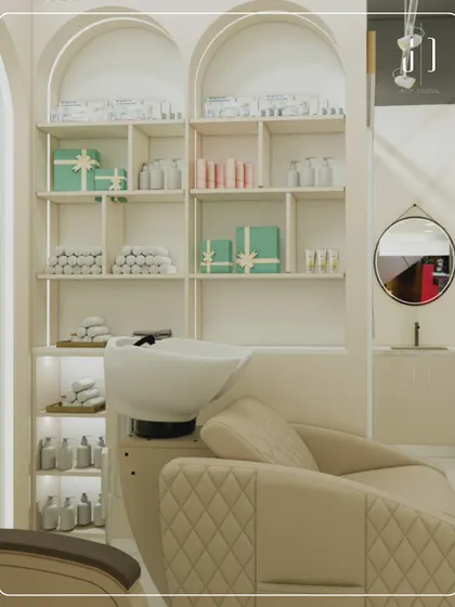 A well-organized and beautiful hair wash station. The design uses clean lines, ample storage, and quilted chair details to blend functionality with a touch of luxury.