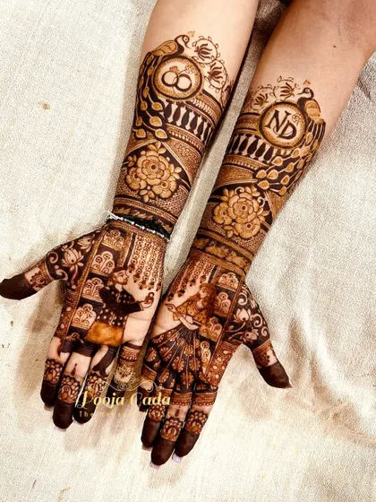 The full view of the engagement bridal design, combining personal elements with beautiful floral and traditional patterns.