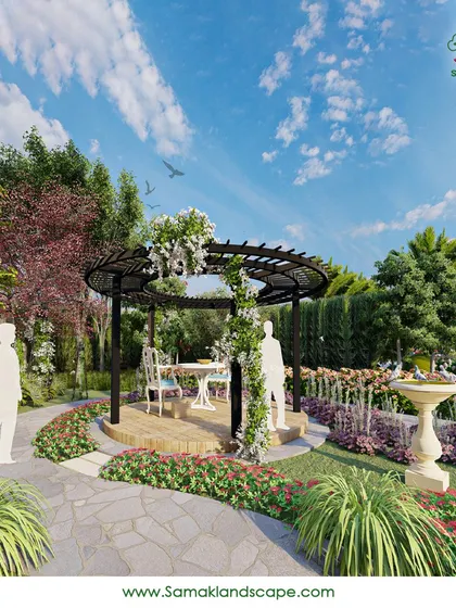 We create timeless and romantic garden settings, like this perennial garden designed for seasonal color and fragrance. The layout features a stone pathway leading to a classic pergola seating area, surrounded by layered flowerbeds and manicured shrubbery, crafting a picturesque and inviting escape.