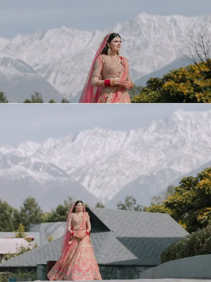 A bride standing against the magnificent snow-capped mountains of Dharamshala. For me, a destination wedding is about making the stunning landscape a part of your story.