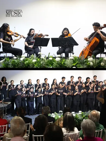 A collage celebrating our 30th anniversary, featuring our talented string quartet and choir. Ensemble work is at the heart of our foundation's musical journey.