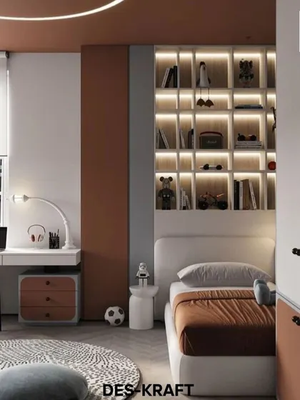 A comprehensive look at the room's layout, showcasing the dedicated study area with a sleek desk, ergonomic chair, and ample natural light.