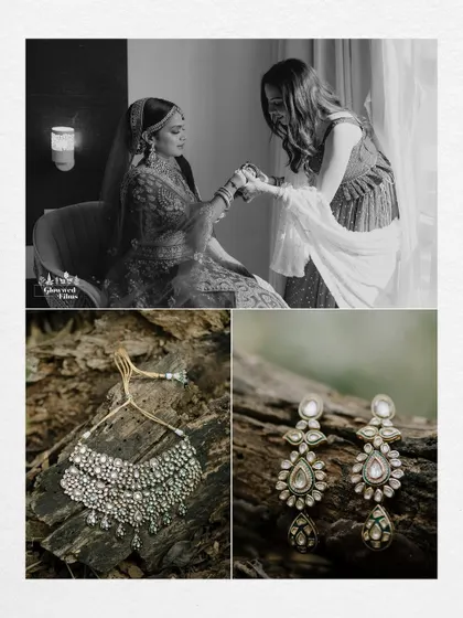 A collage of Krutika's getting-ready moments, including a shot with her makeup artist and close-ups of her diamond jewelry.