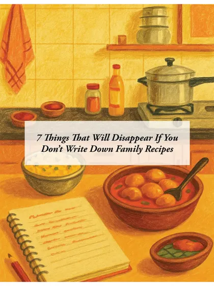 This illustration shows a kitchen scene with a recipe being written down. It's a visual reminder of the seven things that will disappear if you don't document your family recipes.