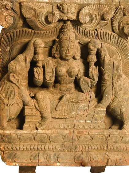 This panel of Gaja Lakshmi, flanked by elephants, required careful cleaning to reveal the fine details of the carving. Our work on these 200 chariot pieces was a monumental exercise in heritage preservation.