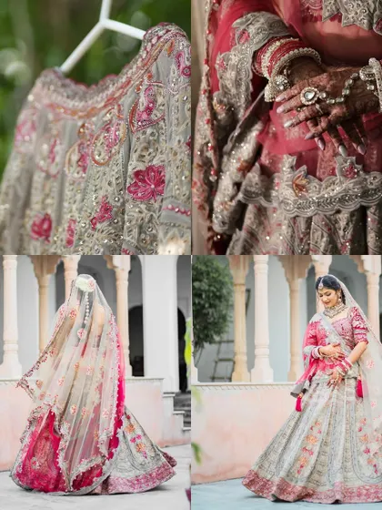 A collage showcasing different angles of the bride's look, including a detail shot of her lehenga skirt, her henna-adorned hands, and full-length poses.