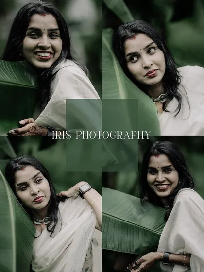 A collage of portraits from the "white and green" series, showcasing different expressions and angles while using a large leaf as a creative prop.
