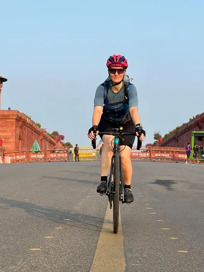A member riding through the iconic North Block area on her birthday ride.