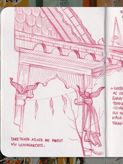 Another spread showing the variety in my sketchbook. A detailed architectural sketch in pink sits next to a colorful character and some abstract lettering.