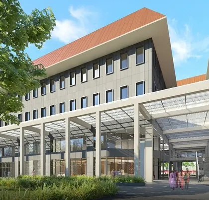 Another view of a modular hospital design, showcasing the covered drop-off area supported by a lightweight steel structure. This demonstrates how speed and precision can go hand in hand.