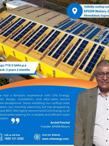 APSON Motors, an elevator component manufacturer in Ahmedabad, slashed their electricity bill by 80% with our 100kW rooftop system, achieving payback in just over 3 years.