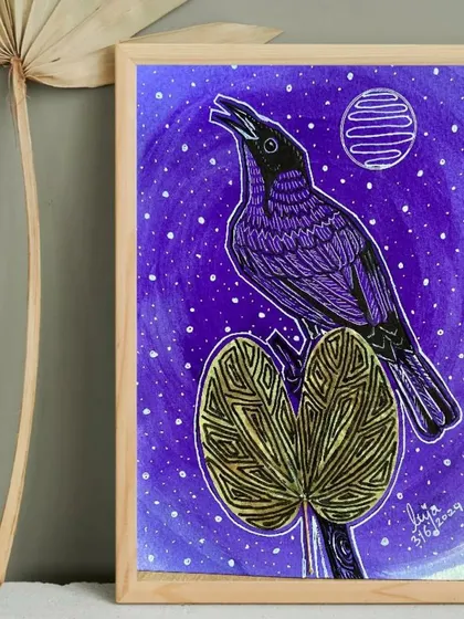 From the "VIBING with NATURE" exhibition, this series by Puja Kumari uses preserved dried leaves as a central element. Her unique style combines delicate ink drawings of birds with the natural texture of the leaves, creating beautiful, eco-friendly art.