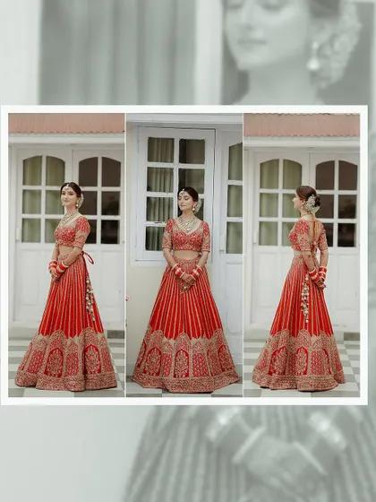 A triptych showing the bride's red wedding lehenga from the front, side, and back. This is perfect for showing off every detail of the bridal outfit.
