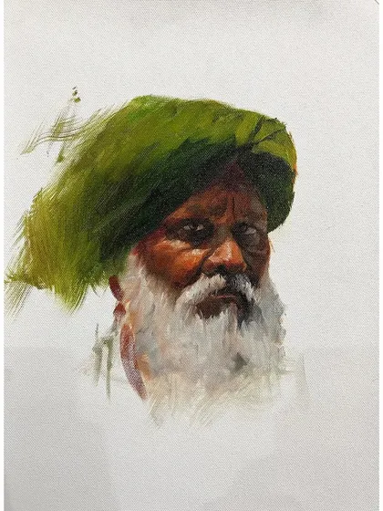 Another oil portrait study, this time focusing on a striking green turban. The contrast between the dark skin tones and the bright fabric creates a powerful visual, and the direct gaze of the subject is full of intensity.
