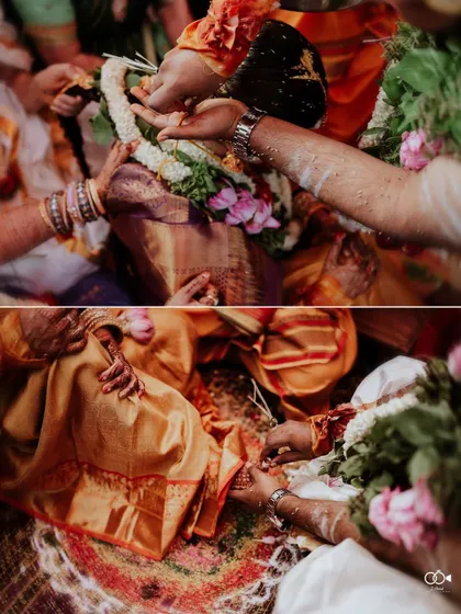 A close-up diptych of the intricate rituals being performed during the wedding ceremony.