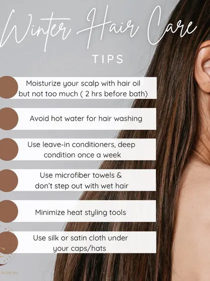 Winter air is dry and can make your hair brittle. My top winter hair care tips include using lukewarm water, applying oil for only two hours before washing, using leave-in conditioners, and protecting your hair under caps with a silk or satin cloth.