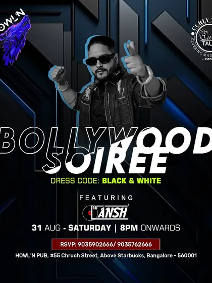 The poster for the 'Bollywood Soiree' with a Black & White dress code. A simple theme can create a very stylish and classic party vibe.