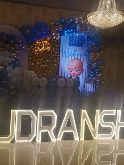 A slightly different angle of the Rudransh Boss Baby stage decoration.