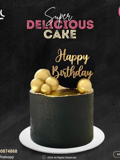 A sleek and elegant black birthday cake. This design is topped with a golden "Happy Birthday" plaque and shimmering gold spheres, creating a look of modern luxury.