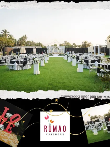 This collage captures the essence of a beautiful outdoor engagement party. It shows the expansive lawn setup with elegant black and white table settings, creating a classic and sophisticated look.