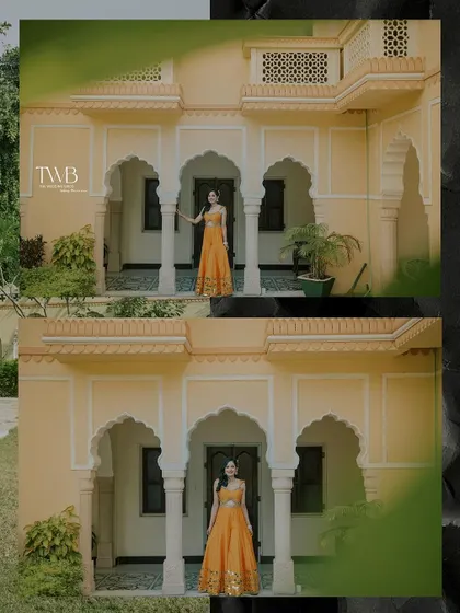 A beautiful portrait of the bride posing against the stunning architecture of the Amar Mahal palace during her haldi. The grandeur of the location complements her elegance.