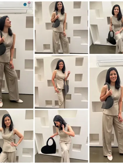 A collage showing different angles and poses in my favorite monochrome powersuit. It's a versatile and confidence-boosting outfit that always makes me feel good.