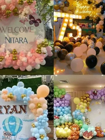 This collage highlights our balloon decor services in Noida, featuring a variety of themes and color schemes for birthdays and baby showers.