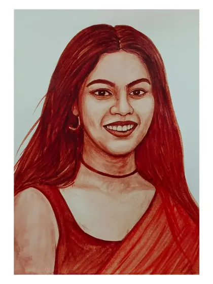 A vibrant blood portrait of a smiling woman. The red tones of the blood art complement the subject's red clothing.