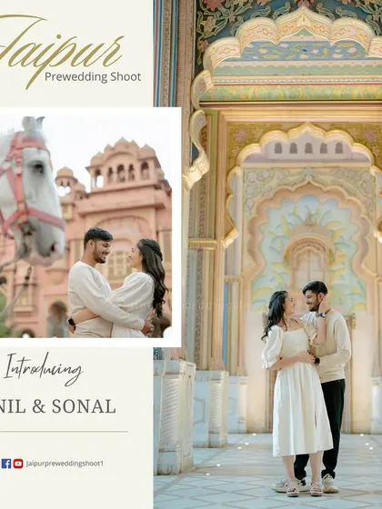 An introductory image for Anil and Sonal, featuring a beautiful shot with a white horse in front of Patrika Gate, blending elegance with royalty.