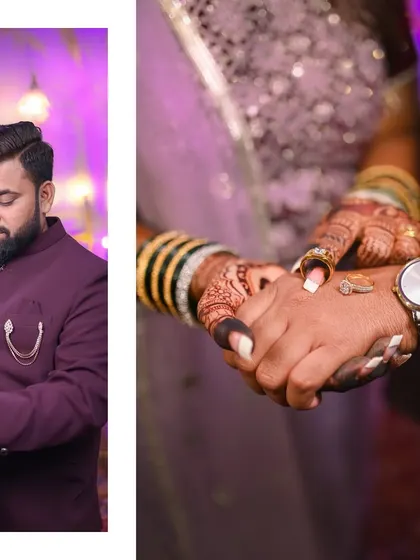 This creative collage pairs a portrait of the groom with a detailed shot of the ring exchange. It highlights both the individual and the shared moment of commitment.
