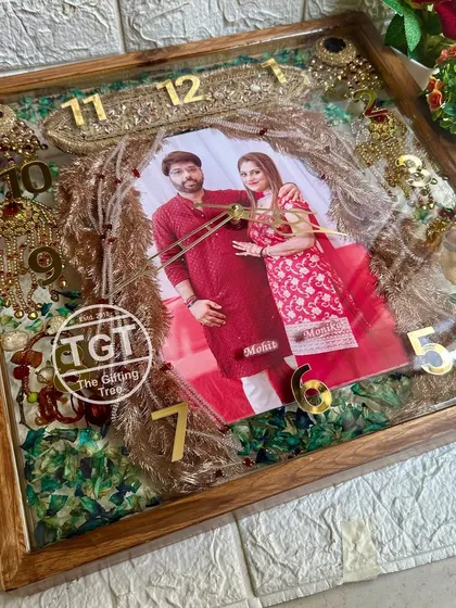 Another view of the 18-inch teakwood clock, a truly unique and personalized gift for a wedding or a milestone anniversary.