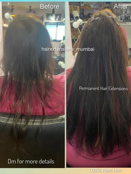 This before and after shows how our permanent extensions can add volume and length to finer hair, creating a fuller, healthier appearance.