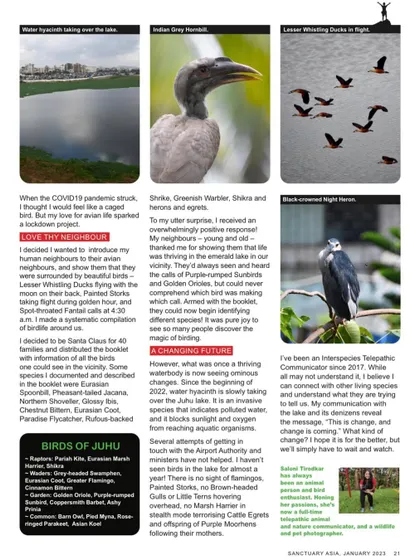 The second page of my Sanctuary Asia feature, where I discuss the changes in the local lake and my journey as an interspecies telepathic communicator.