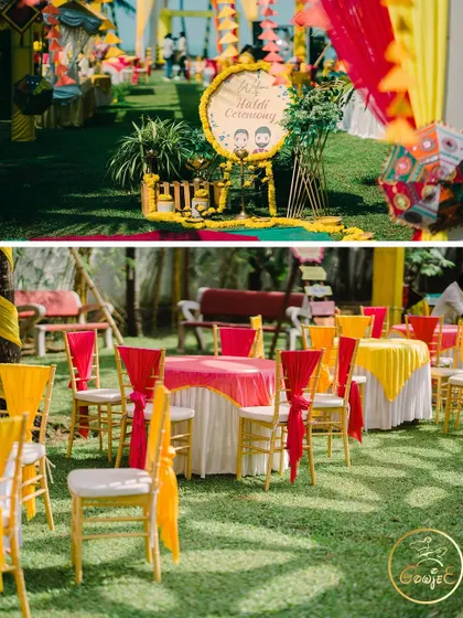 Another view of the welcoming and colorful decor for an outdoor Haldi celebration.