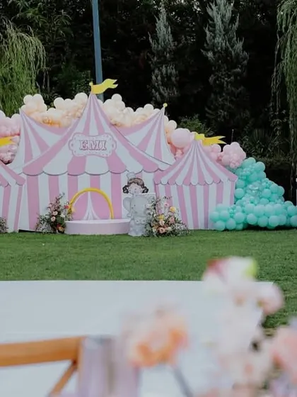 A wider shot of the carousel party, showing the guest tables in the foreground and the full backdrop in the distance.