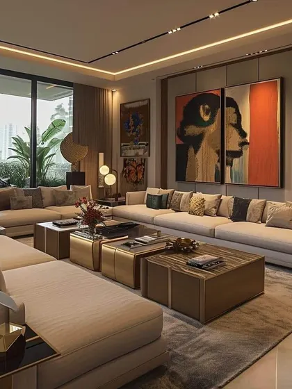 A sophisticated living room with large-scale abstract art and a neutral color palette. The layered coffee tables and expansive sofa create a luxurious, gallery-like feel.
