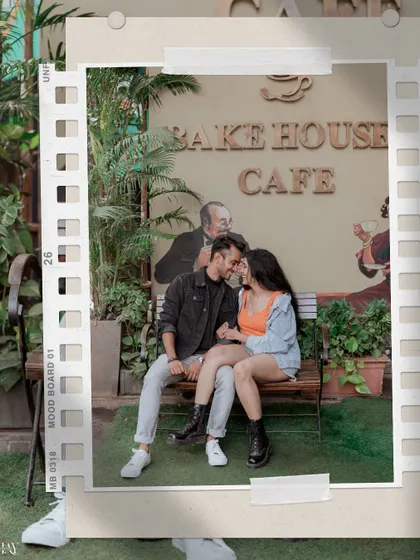 A creative film-strip edit of a casual cafe pre-wedding shoot, telling a small story of their date.