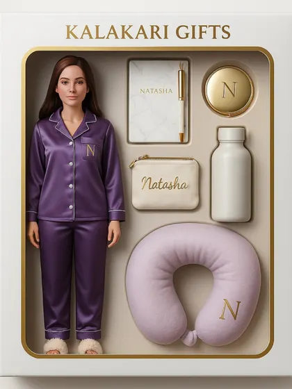Unbox the magic of personalization with this luxe collectible gift set. It features a doll in a custom satin night suit alongside matching personalized items like a neck pillow, pouch, and diary.