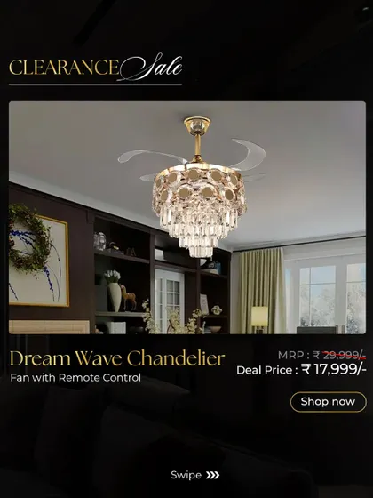 The Dream Wave Chandelier Fan features a beautiful crystal design and remote-controlled operation. It's a fantastic way to add a touch of glamour and comfort to your living space.