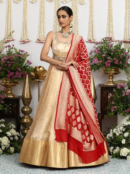 A classic red Banarasi dupatta draped over a simple gold gown creates a look of timeless sophistication.