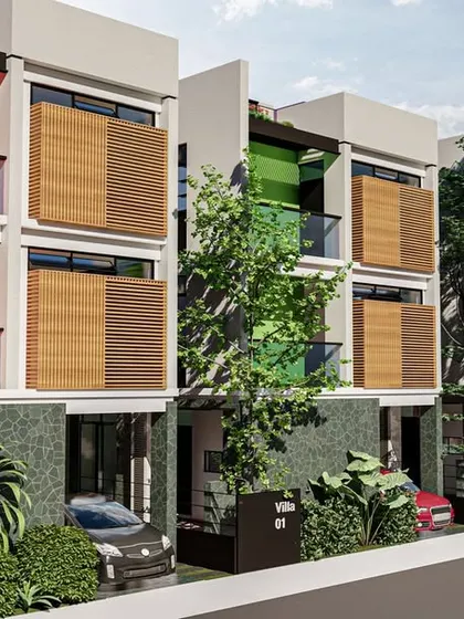 An alternative villa elevation concept featuring colored panels to give each home a unique identity. This approach breaks the monotony of typical row housing and allows for personalization within a cohesive design language.