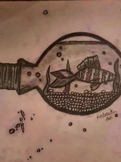 A creative sketch of a fish inside a lightbulb, a surreal idea from my sketchbook.